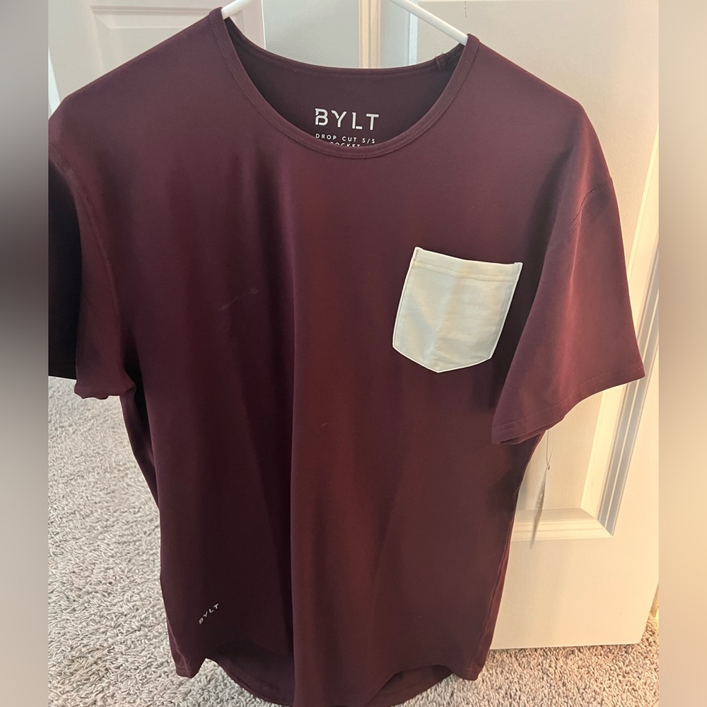 Maroon and white BYLT shirt